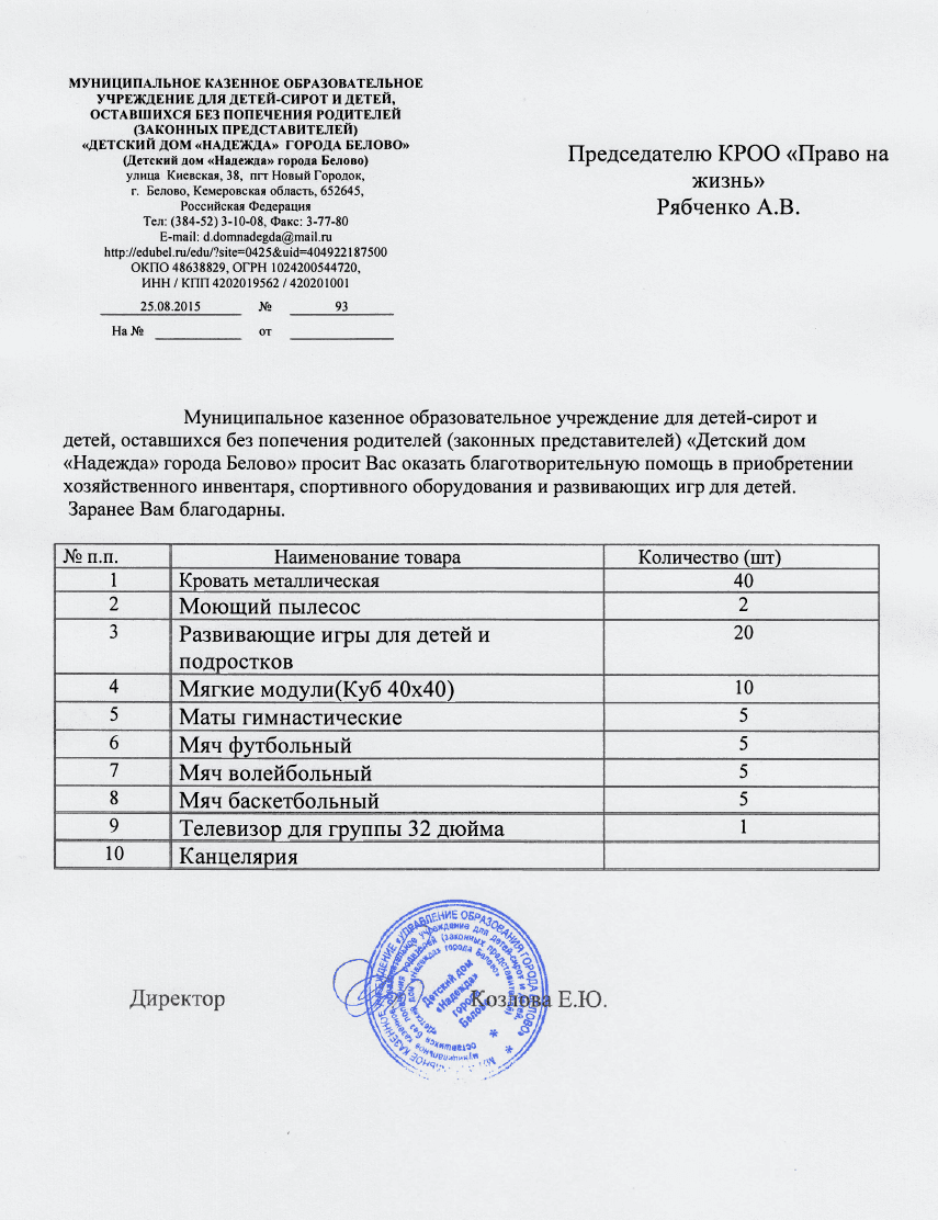 Заявка. Детский дом «Надежда».