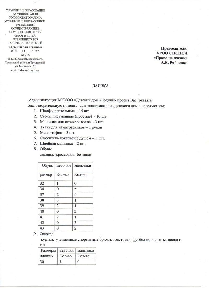 Заявка. Детский дом «Родник».