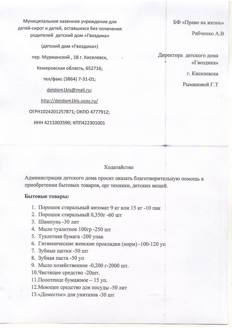 Заявка. Детский дом «Гвоздика».