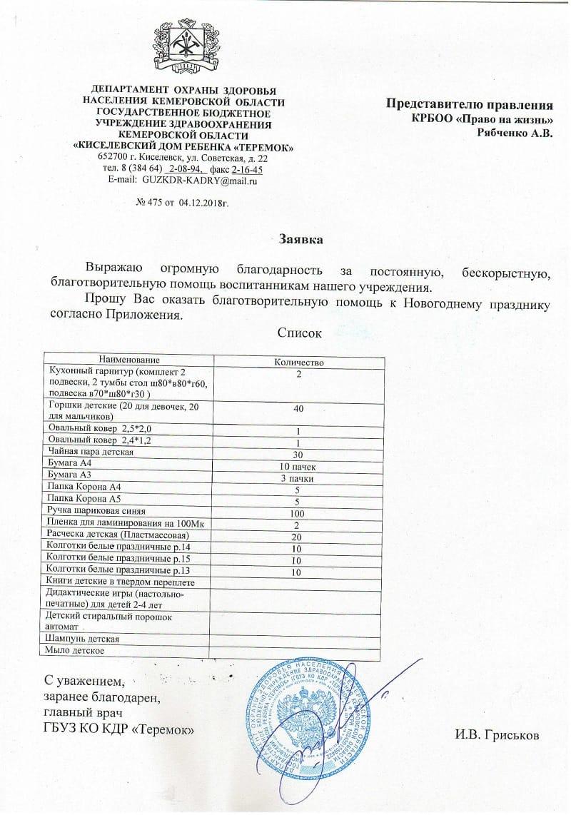 Заявка. Киселёвский дом ребёнка «Теремок».