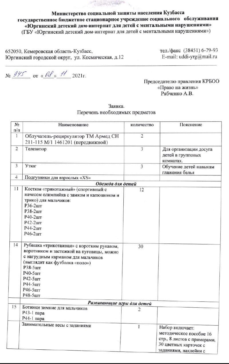Заявка. Юргинский детский дом-интернат.