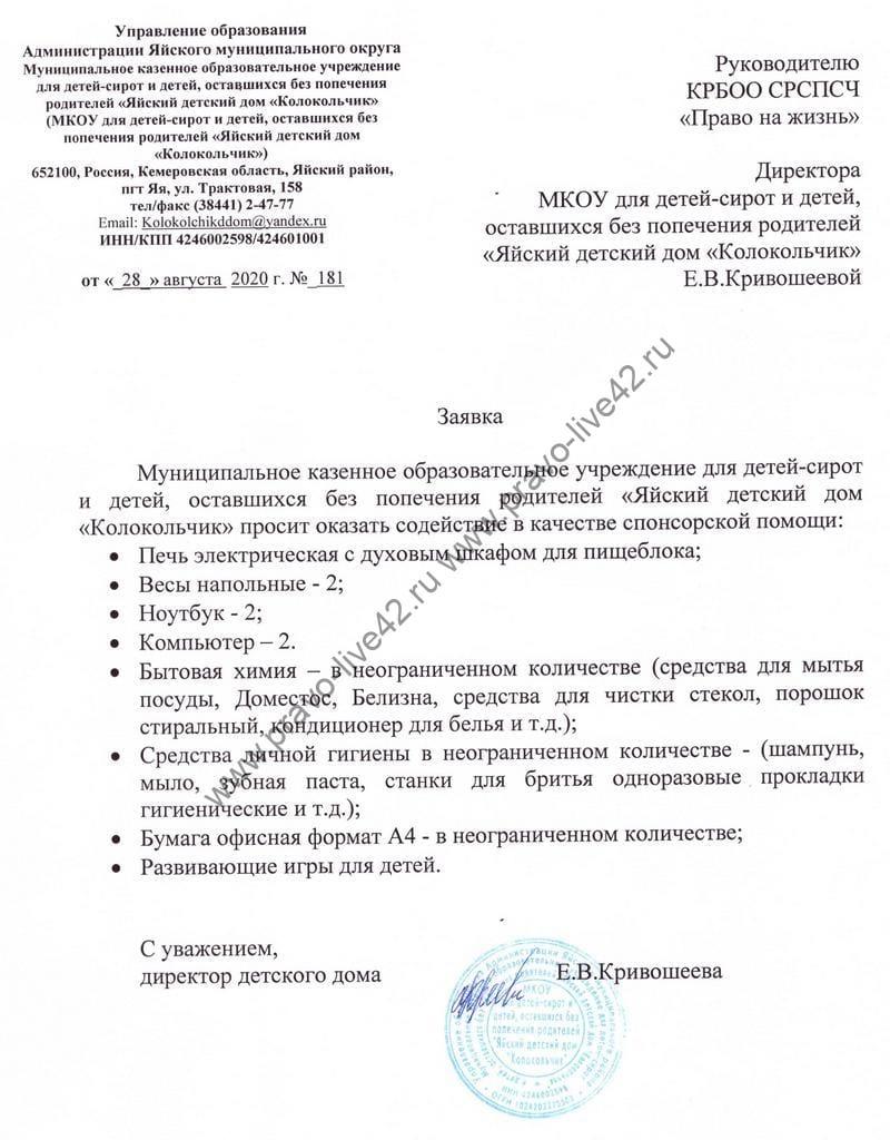 Заявка. Яйский детский дом «Колокольчик».